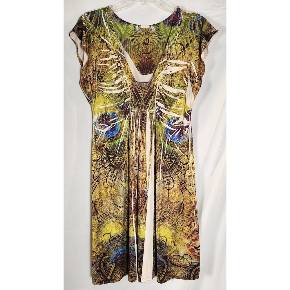 Unity World Wear Peacock Print Flutter Sleeve Boho Dress L/XL* - Picture 3 of 14